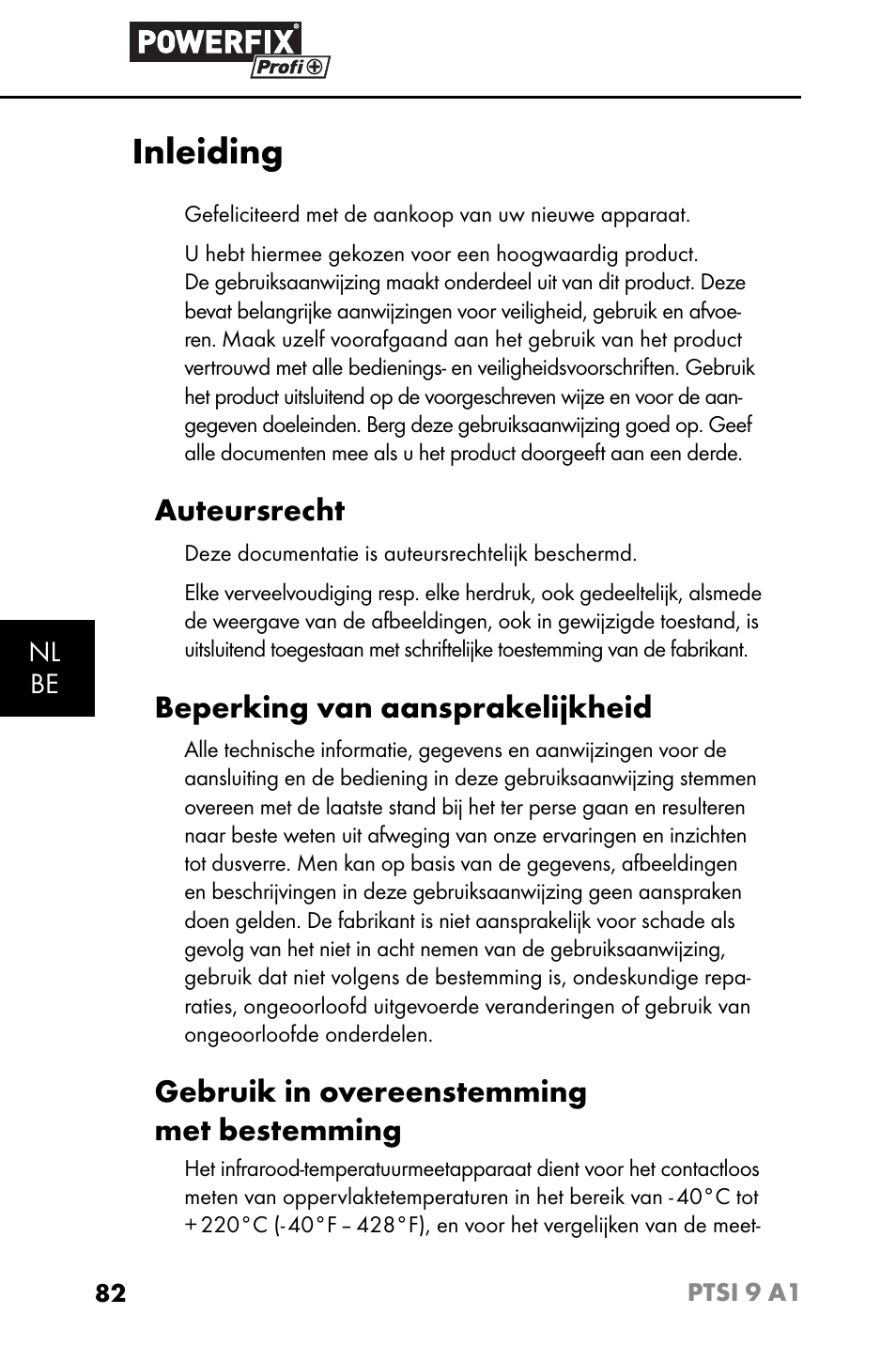 Inleiding, Auteursrecht, Beperking van aansprakelijkheid | Gebruik in overeenstemming met bestemming | Powerfix PTSI 9 A1 User Manual | Page 85 / 115