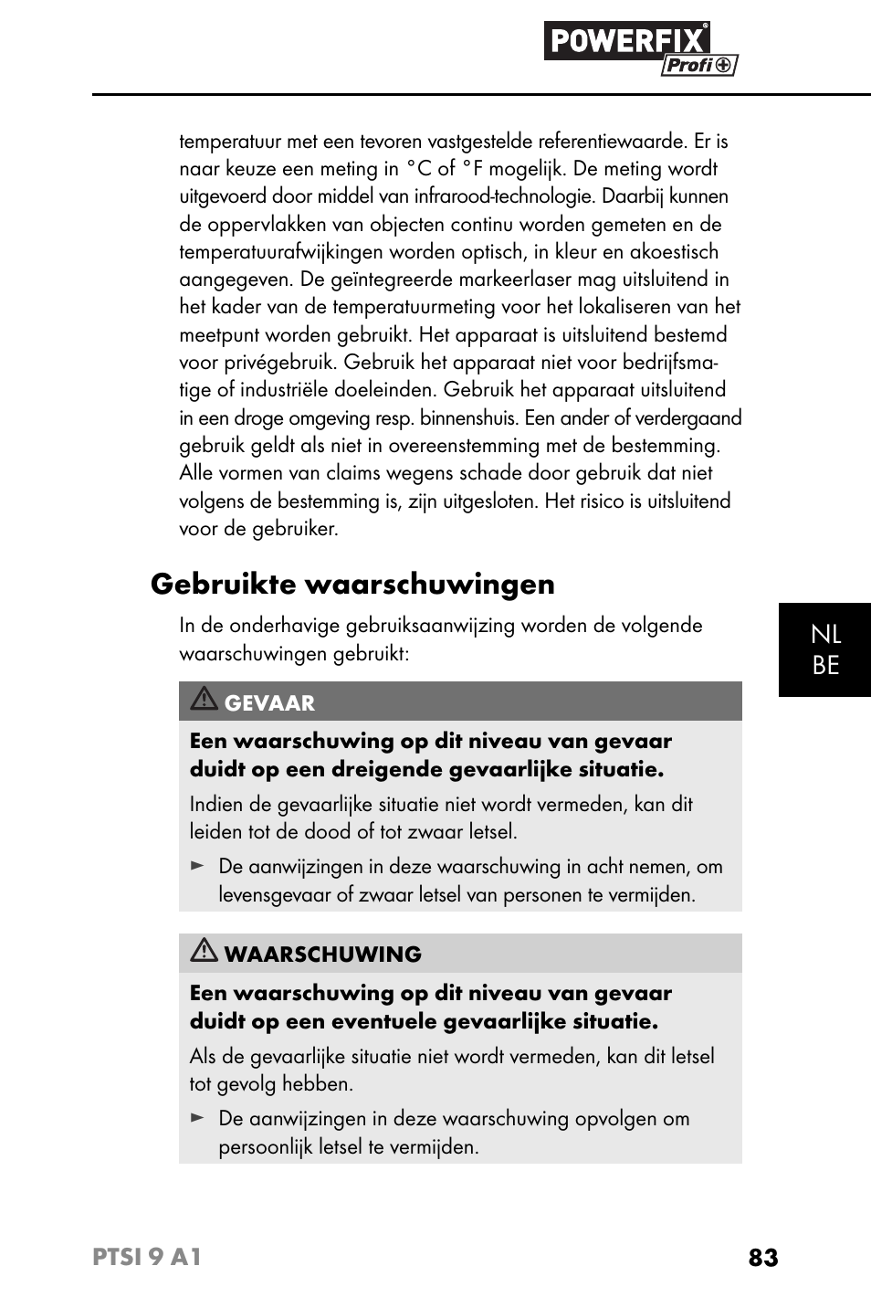 Gebruikte waarschuwingen, Nl be | Powerfix PTSI 9 A1 User Manual | Page 86 / 115