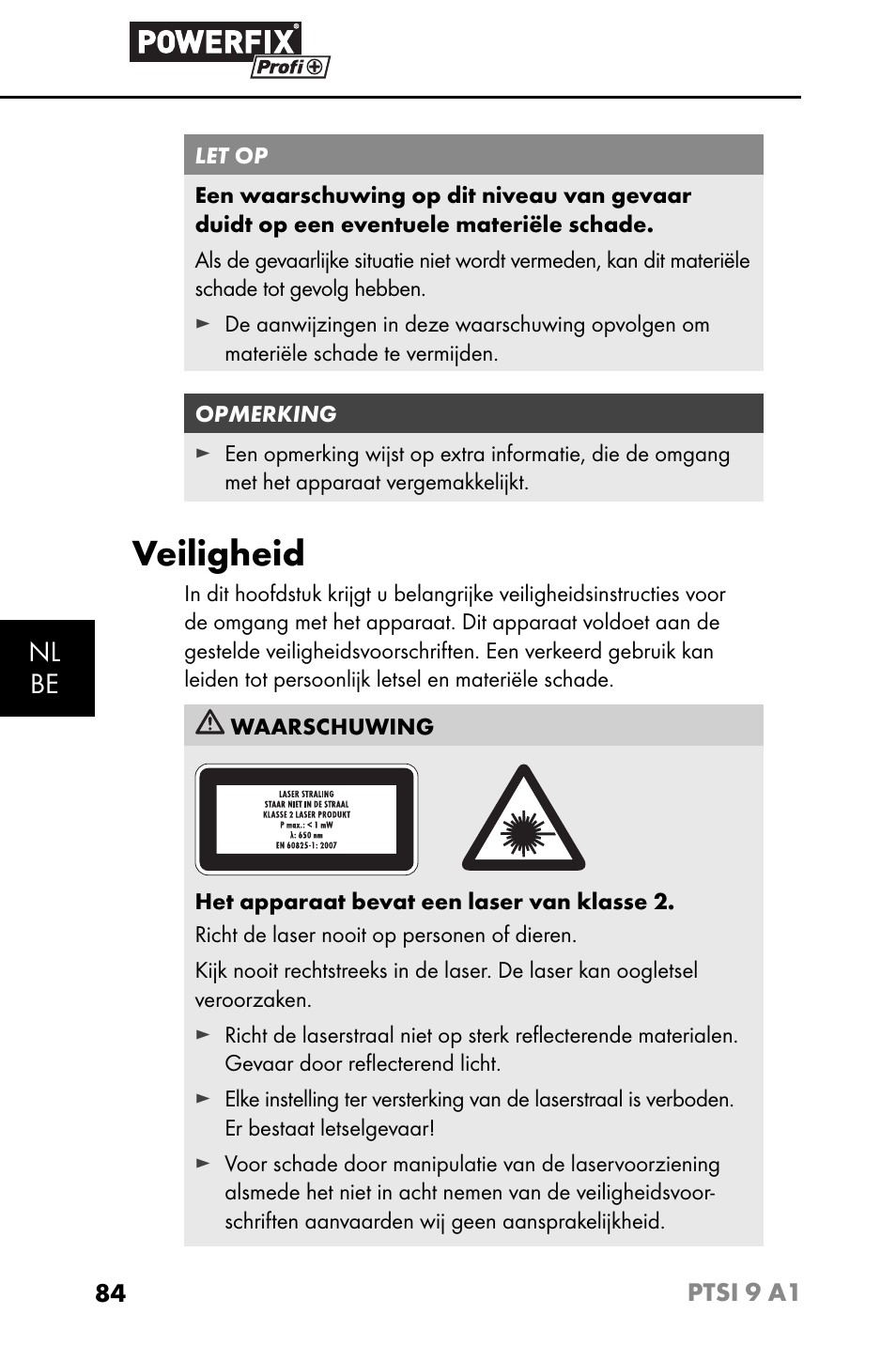 Veiligheid, Nl be | Powerfix PTSI 9 A1 User Manual | Page 87 / 115