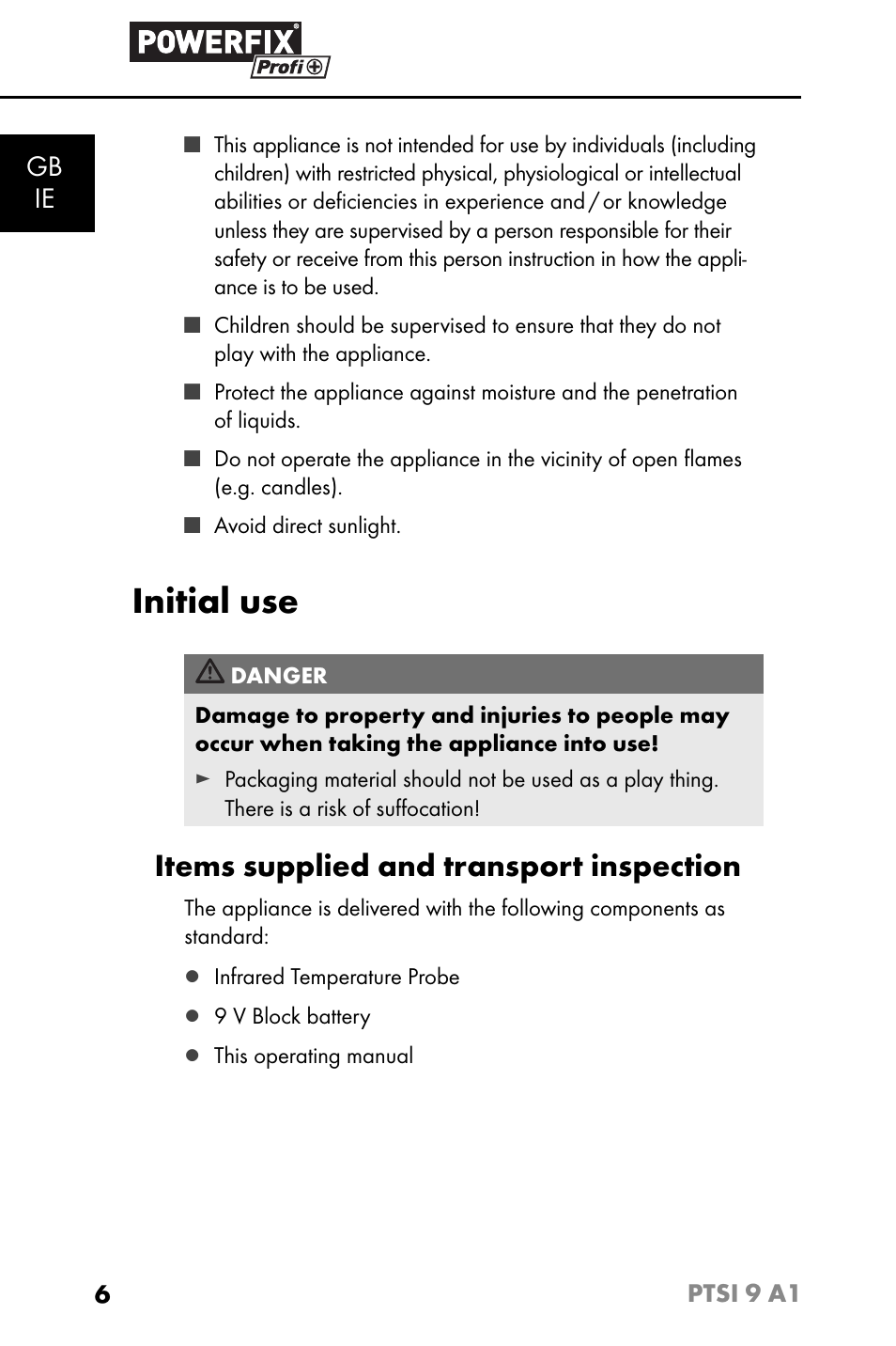 Initial use, Items supplied and transport inspection, Gb ie | Powerfix PTSI 9 A1 User Manual | Page 9 / 115