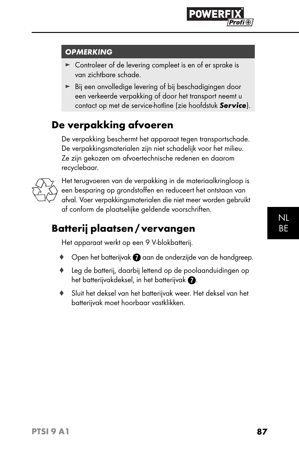 De verpakking afvoeren, Batterij plaatsen / vervangen, Nl be | Powerfix PTSI 9 A1 User Manual | Page 90 / 115
