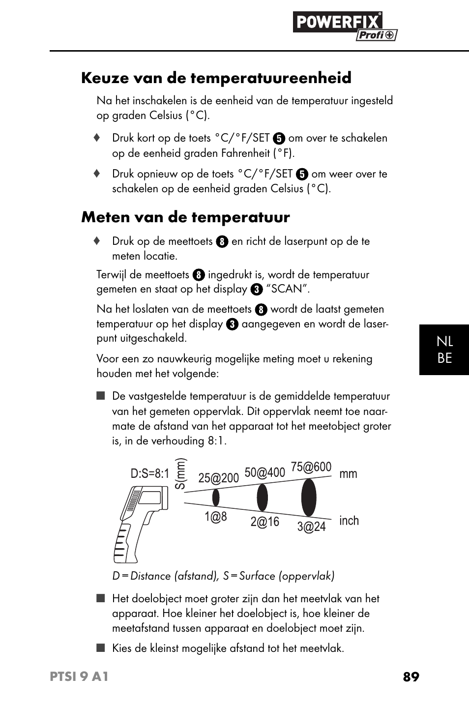 Keuze van de temperatuureenheid, Meten van de temperatuur, Nl be | Powerfix PTSI 9 A1 User Manual | Page 92 / 115