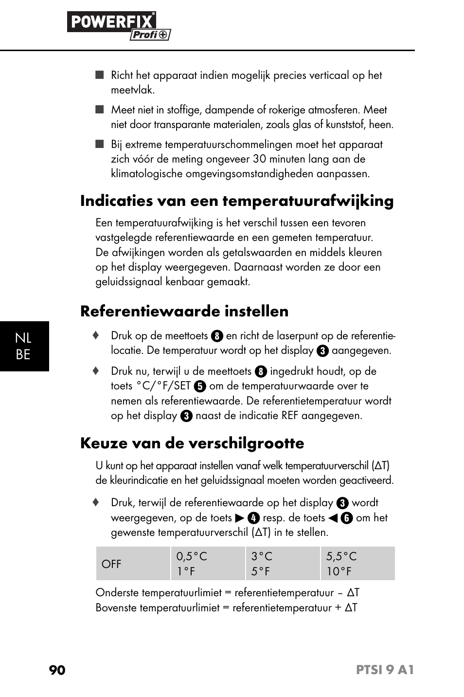 Indicaties van een temperatuurafwijking, Referentiewaarde instellen, Keuze van de verschilgrootte | Nl be | Powerfix PTSI 9 A1 User Manual | Page 93 / 115