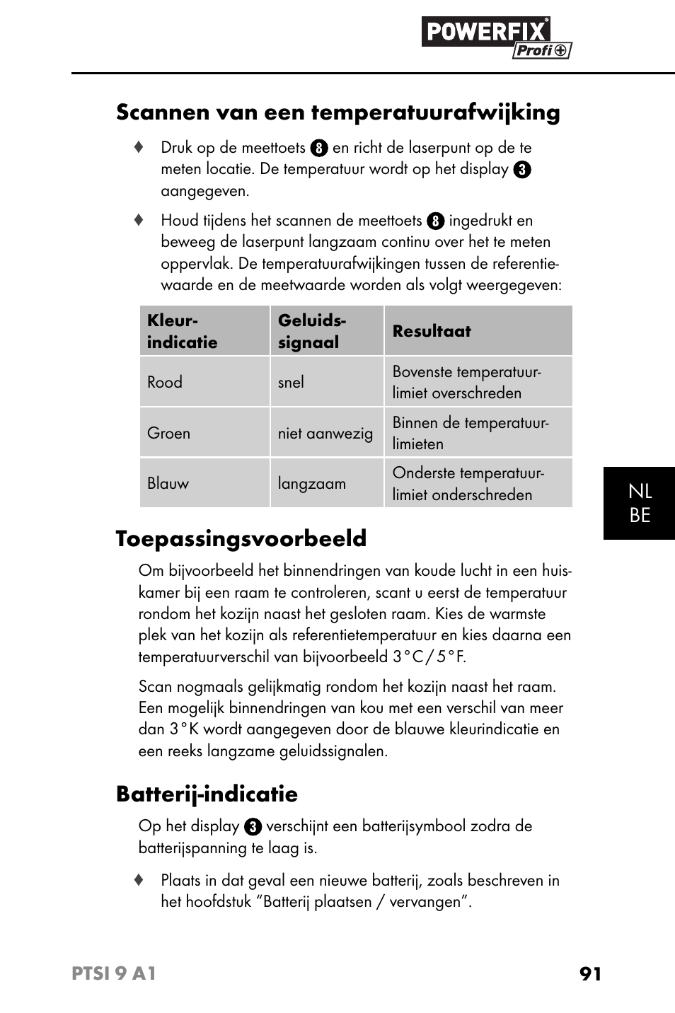 Scannen van een temperatuurafwijking, Toepassingsvoorbeeld, Batterij-indicatie | Nl be | Powerfix PTSI 9 A1 User Manual | Page 94 / 115