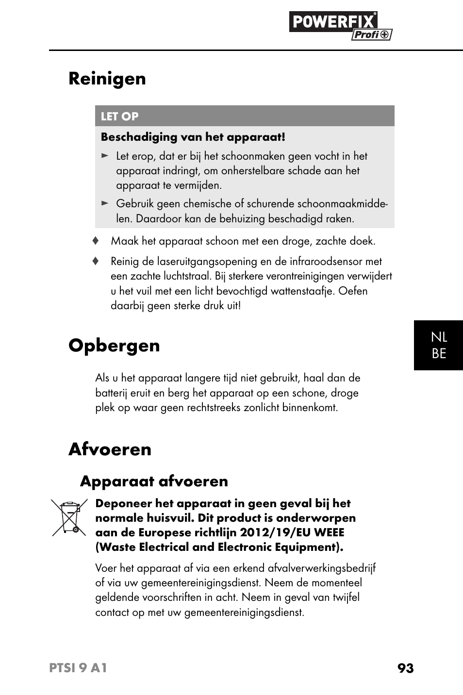 Reinigen, Opbergen, Afvoeren | Apparaat afvoeren | Powerfix PTSI 9 A1 User Manual | Page 96 / 115