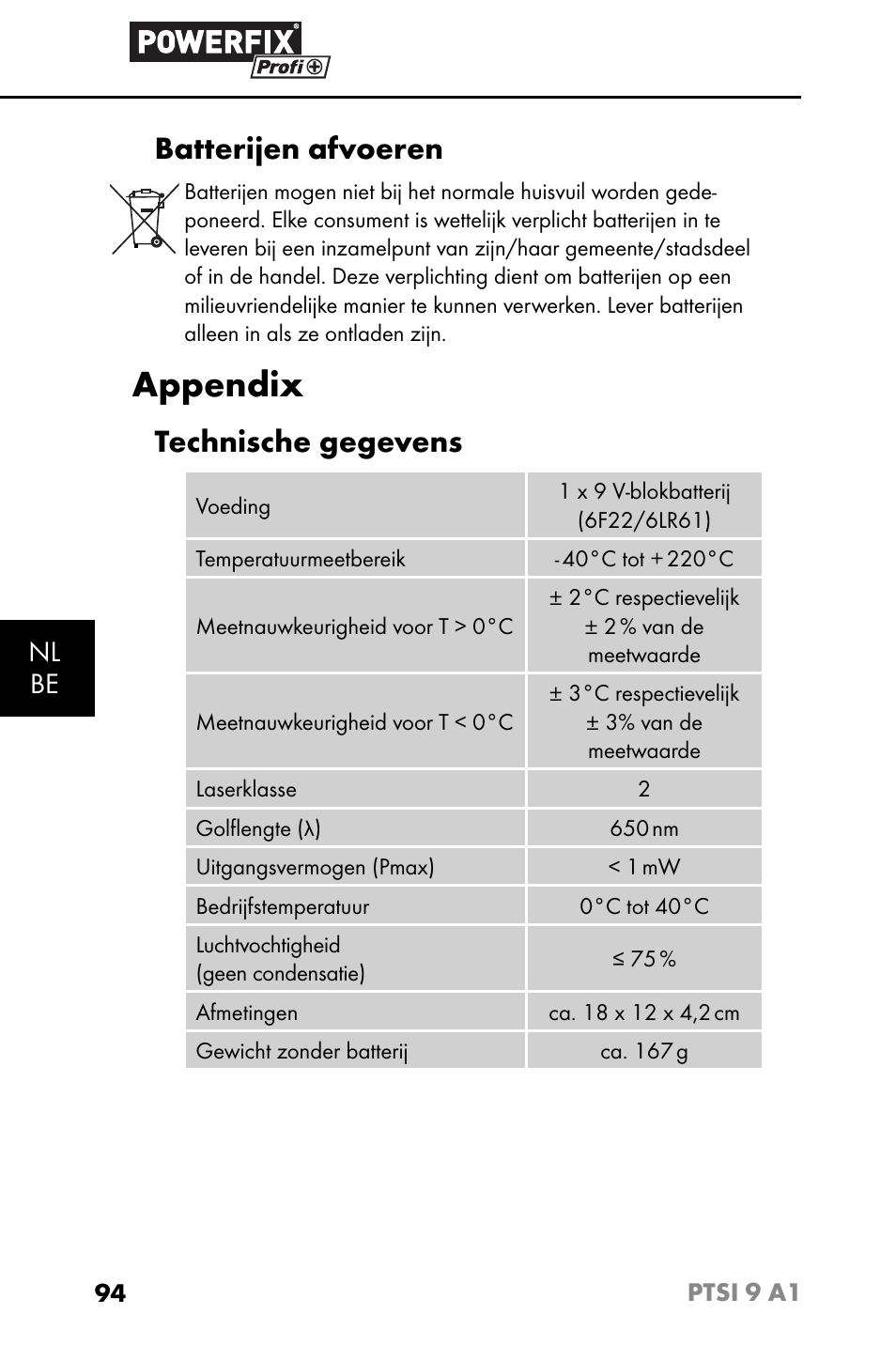 Appendix, Batterijen afvoeren, Technische gegevens | Nl be | Powerfix PTSI 9 A1 User Manual | Page 97 / 115