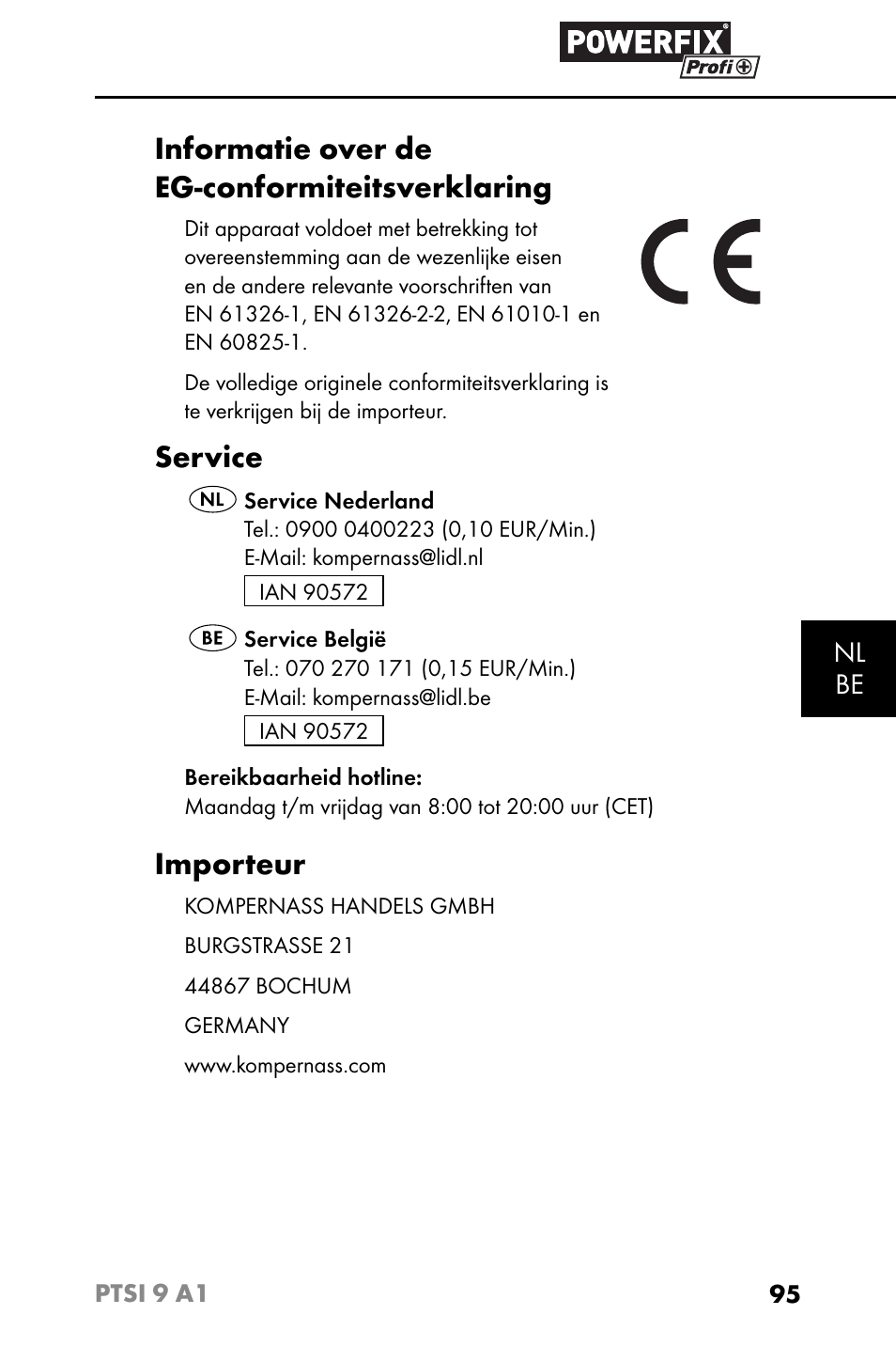 Informatie over de eg-conformiteitsverklaring, Service, Importeur | Nl be | Powerfix PTSI 9 A1 User Manual | Page 98 / 115