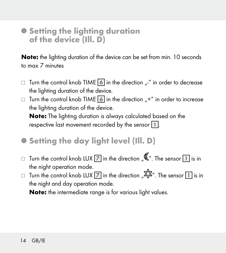 Setting the day light level (ill. d) | Powerfix Z31712A/Z31712B Z31712C/Z31712D User Manual | Page 14 / 78