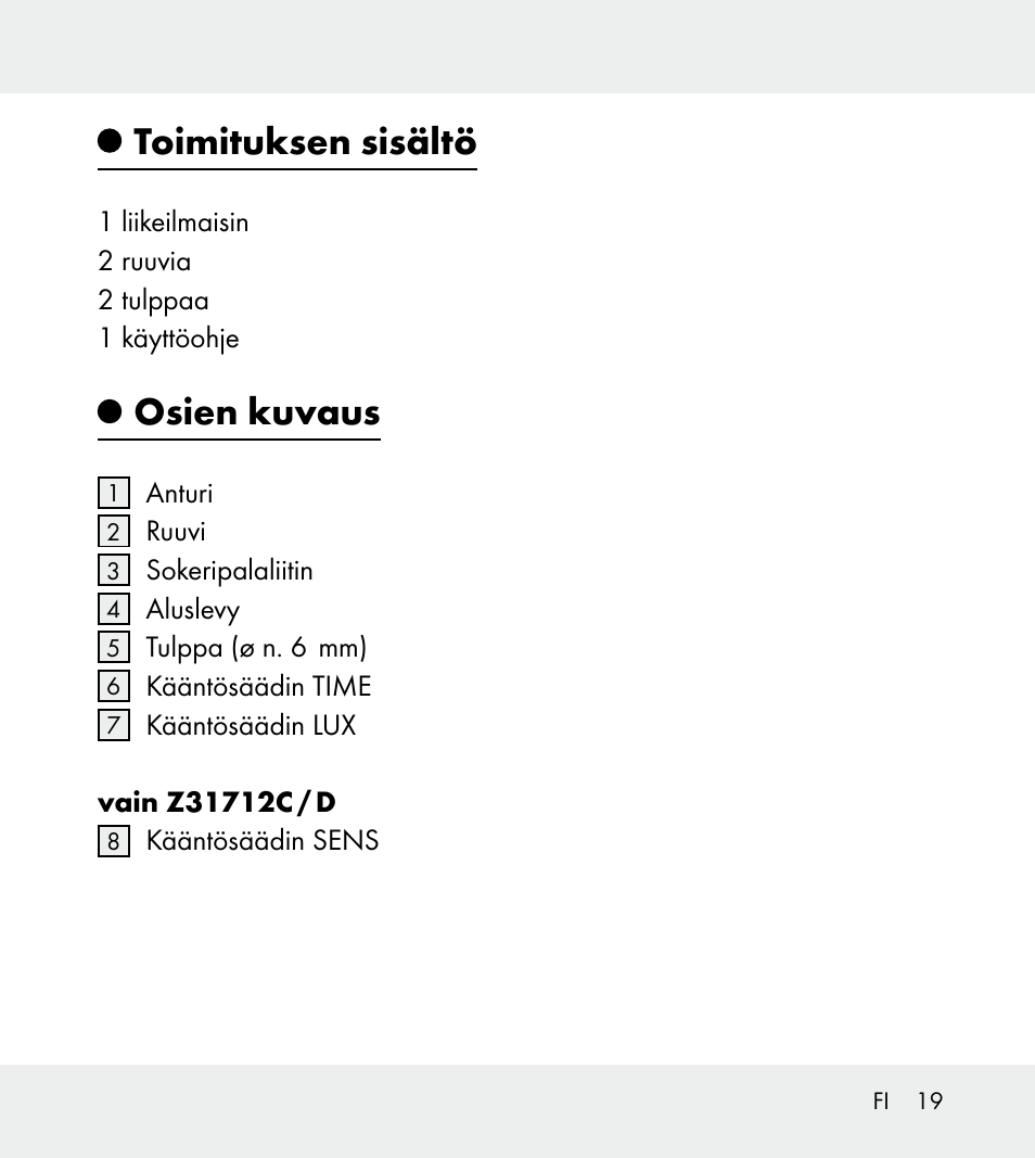 Toimituksen sisältö, Osien kuvaus | Powerfix Z31712A/Z31712B Z31712C/Z31712D User Manual | Page 19 / 78