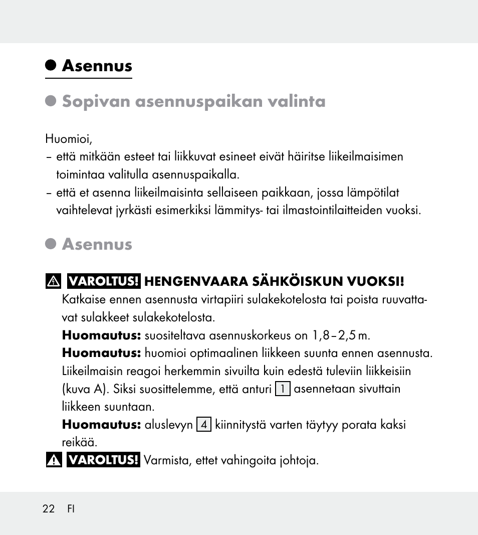 Asennus sopivan asennuspaikan valinta, Asennus | Powerfix Z31712A/Z31712B Z31712C/Z31712D User Manual | Page 22 / 78