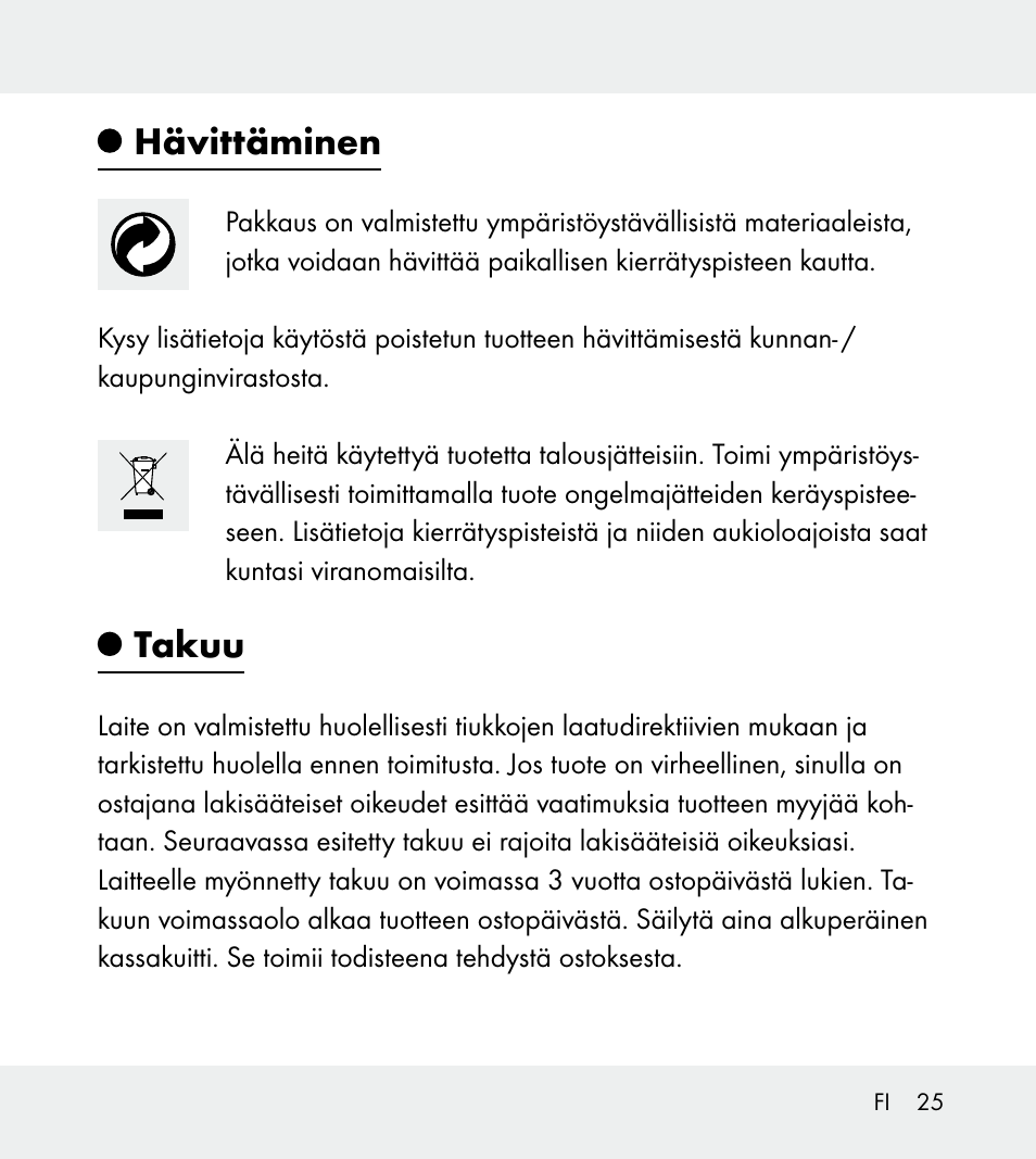 Hävittäminen, Takuu | Powerfix Z31712A/Z31712B Z31712C/Z31712D User Manual | Page 25 / 78