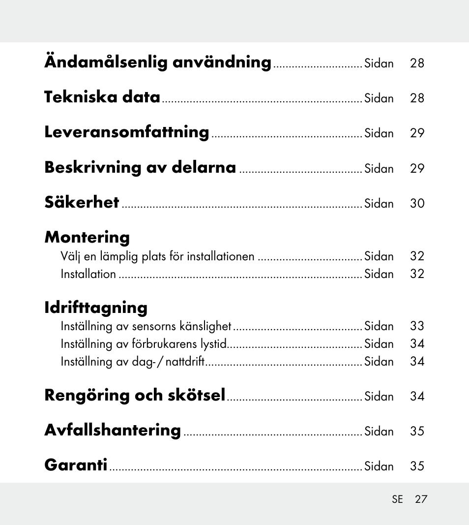 Ändamålsenlig användning, Tekniska data, Leveransomfattning | Beskrivning av delarna, Säkerhet, Montering, Idrifttagning, Rengöring och skötsel, Avfallshantering, Garanti | Powerfix Z31712A/Z31712B Z31712C/Z31712D User Manual | Page 27 / 78