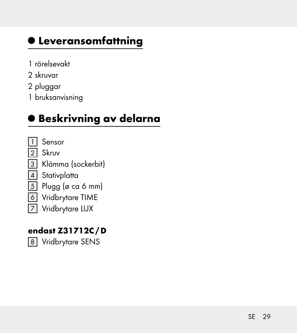 Leveransomfattning, Beskrivning av delarna | Powerfix Z31712A/Z31712B Z31712C/Z31712D User Manual | Page 29 / 78