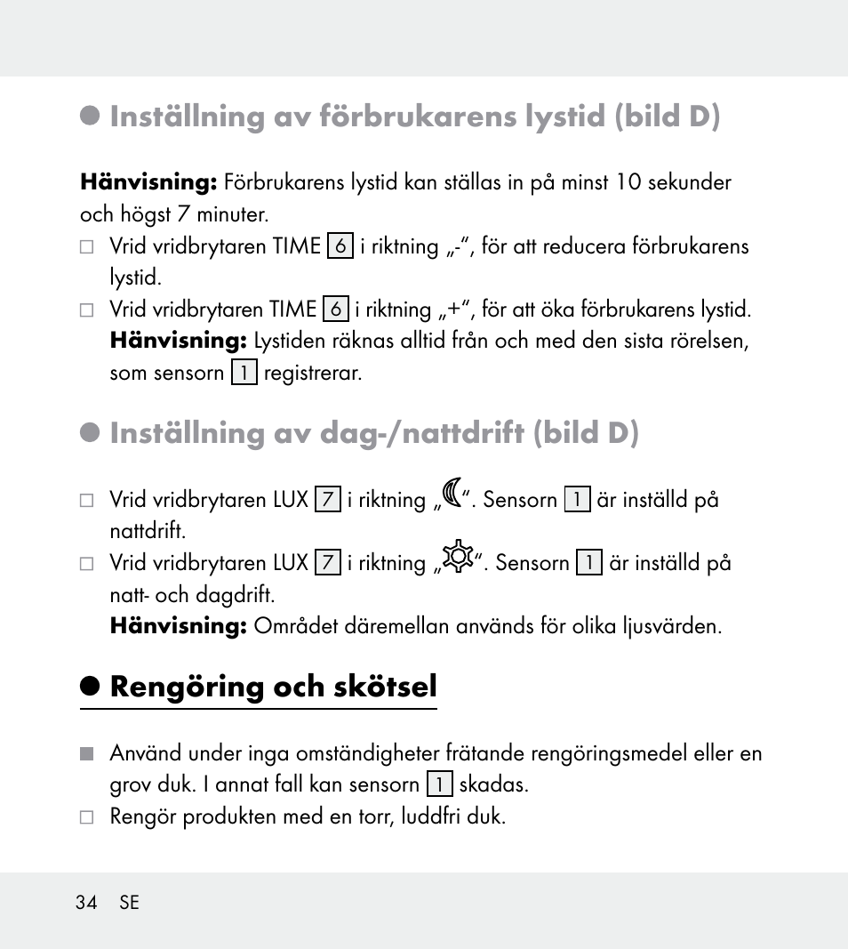 Inställning av förbrukarens lystid (bild d), Inställning av dag-/nattdrift (bild d), Rengöring och skötsel | Powerfix Z31712A/Z31712B Z31712C/Z31712D User Manual | Page 34 / 78