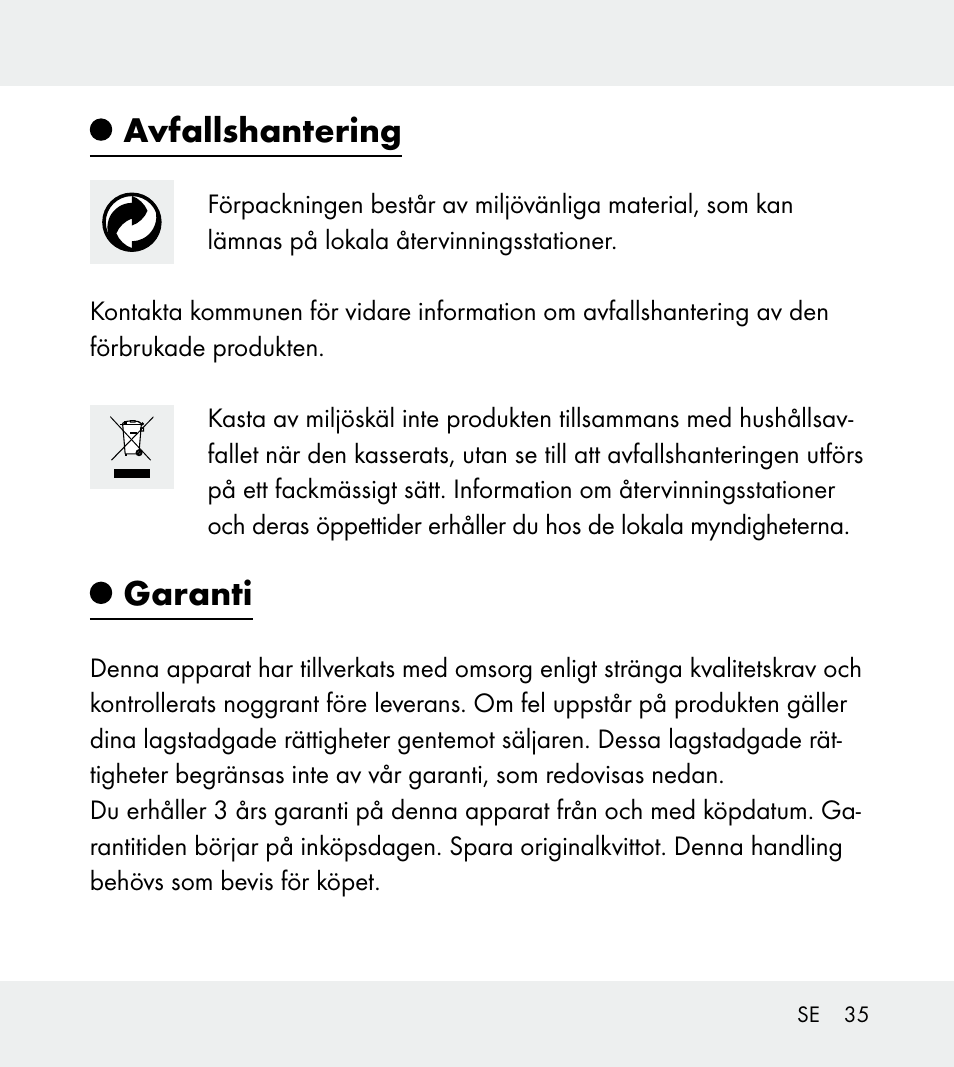 Avfallshantering, Garanti | Powerfix Z31712A/Z31712B Z31712C/Z31712D User Manual | Page 35 / 78