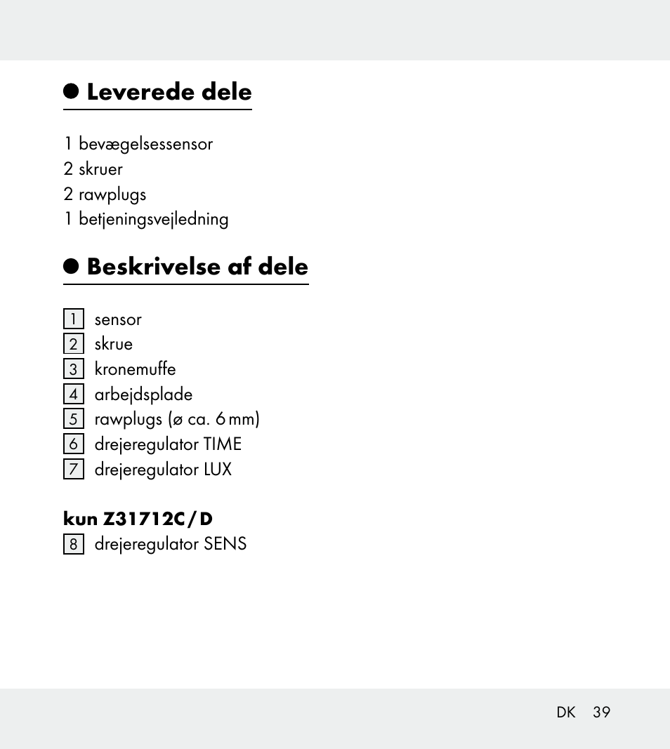 Leverede dele, Beskrivelse af dele | Powerfix Z31712A/Z31712B Z31712C/Z31712D User Manual | Page 39 / 78