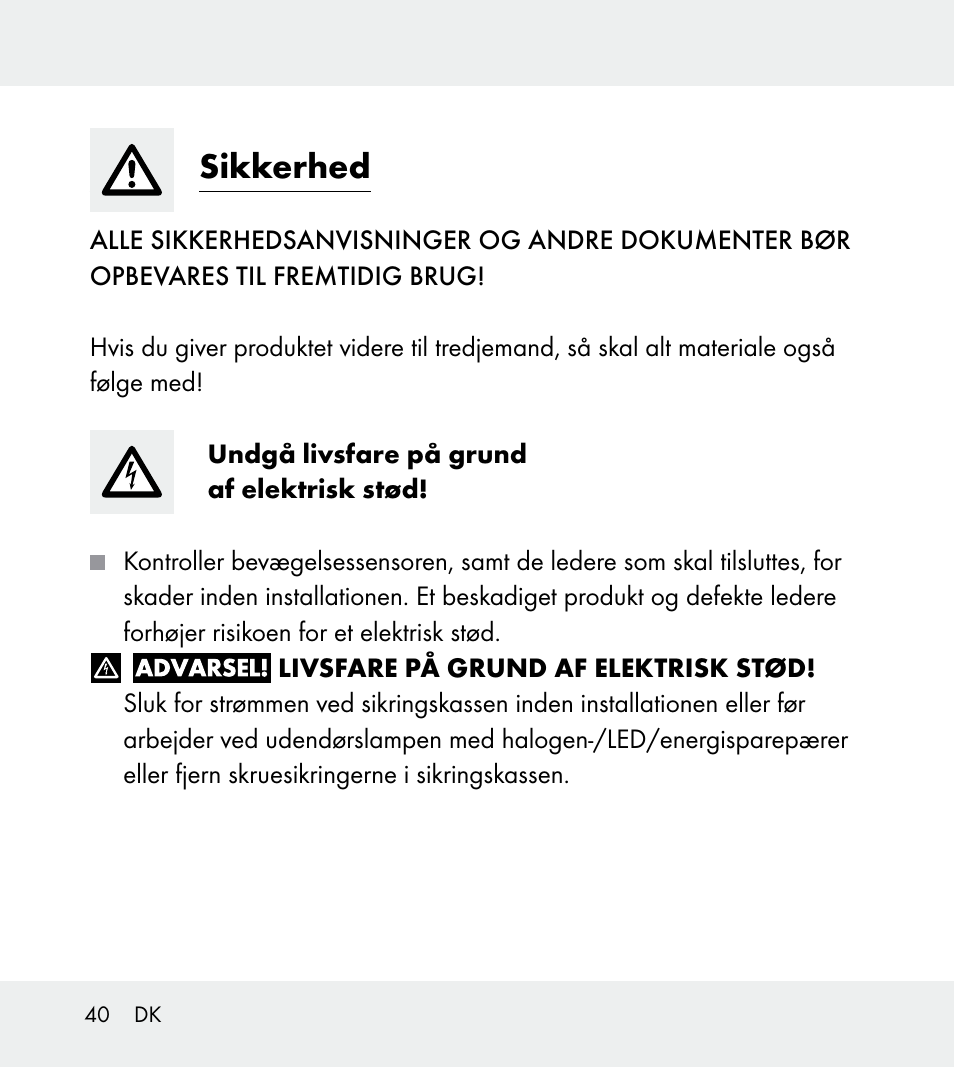 Sikkerhed | Powerfix Z31712A/Z31712B Z31712C/Z31712D User Manual | Page 40 / 78