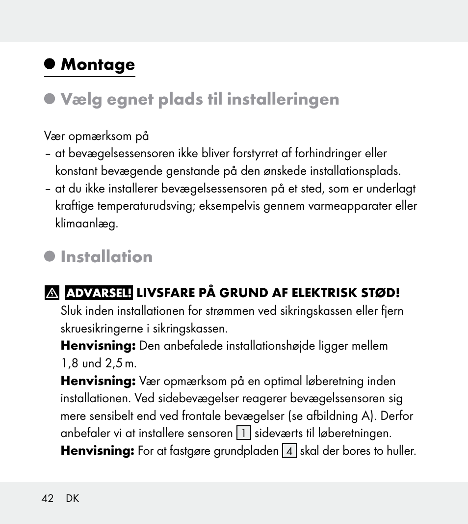 Montage vælg egnet plads til installeringen, Installation | Powerfix Z31712A/Z31712B Z31712C/Z31712D User Manual | Page 42 / 78