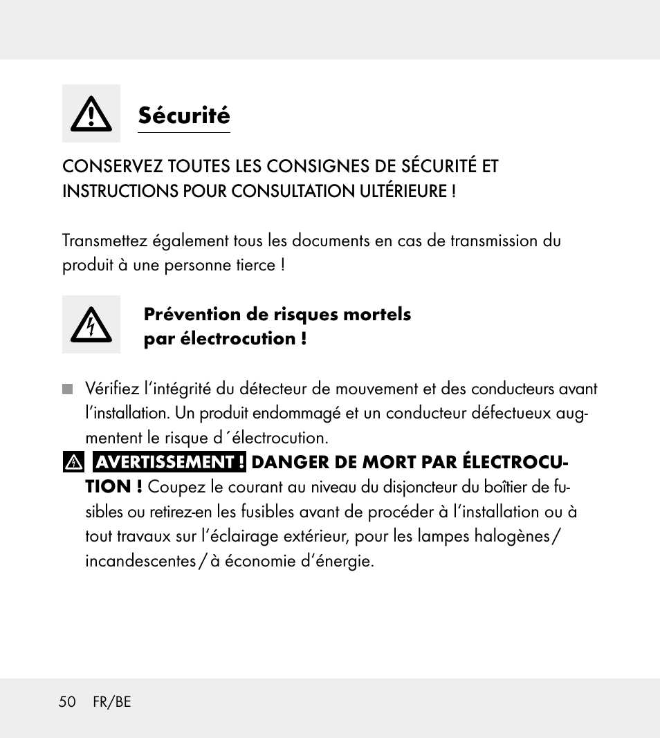 Sécurité | Powerfix Z31712A/Z31712B Z31712C/Z31712D User Manual | Page 50 / 78