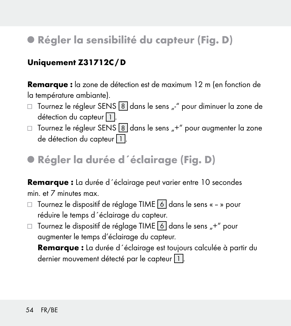 Régler la sensibilité du capteur (fig. d), Régler la durée d´éclairage (fig. d) | Powerfix Z31712A/Z31712B Z31712C/Z31712D User Manual | Page 54 / 78