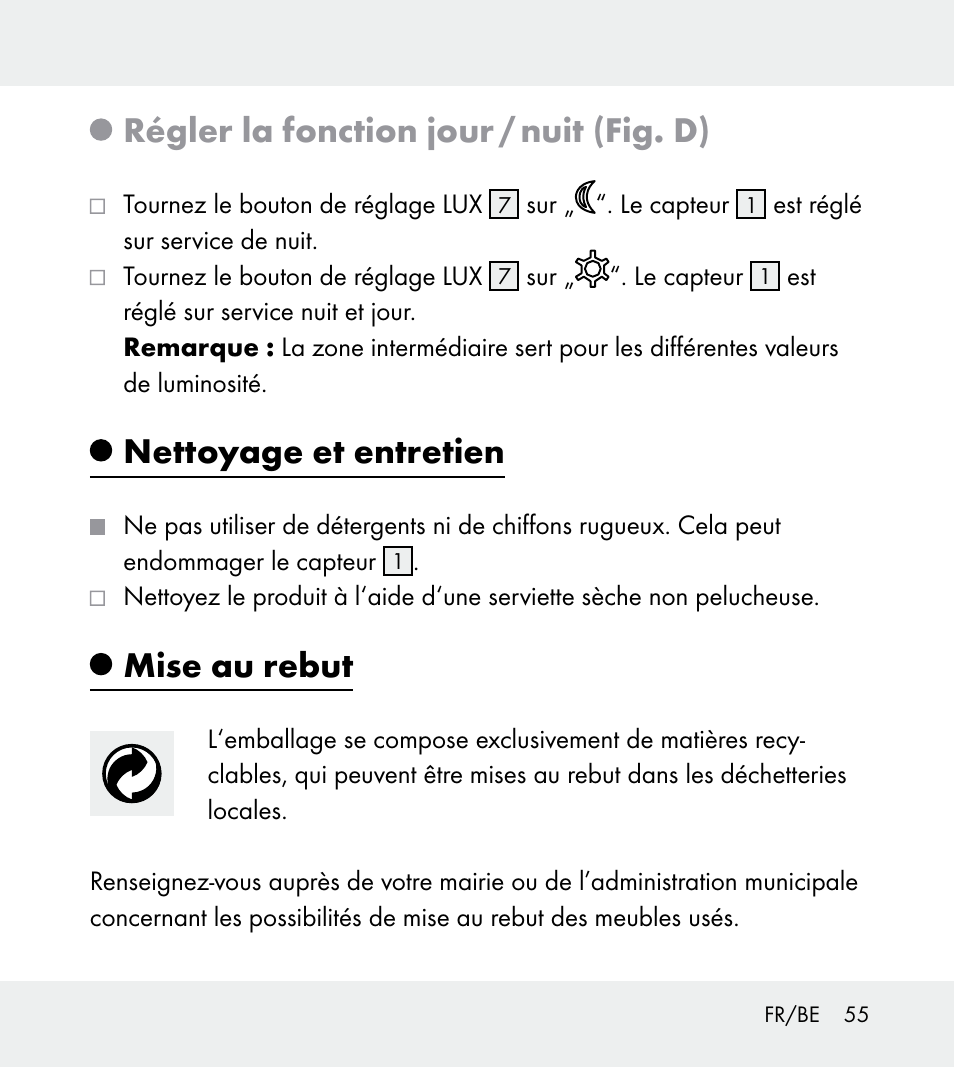 Régler la fonction jour / nuit (fig. d), Nettoyage et entretien, Mise au rebut | Powerfix Z31712A/Z31712B Z31712C/Z31712D User Manual | Page 55 / 78