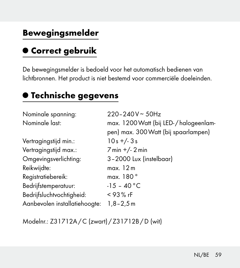 Bewegingsmelder correct gebruik, Technische gegevens | Powerfix Z31712A/Z31712B Z31712C/Z31712D User Manual | Page 59 / 78