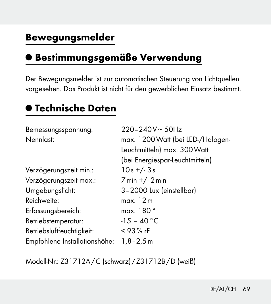 Bewegungsmelder bestimmungsgemäße verwendung, Technische daten | Powerfix Z31712A/Z31712B Z31712C/Z31712D User Manual | Page 69 / 78