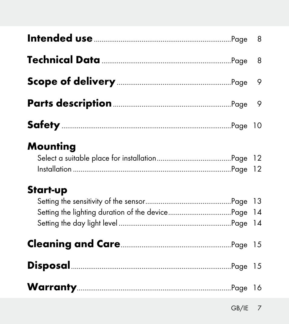 Intended use, Technical data, Scope of delivery | Parts description, Safety, Mounting, Start-up, Cleaning and care, Disposal, Warranty | Powerfix Z31712A/Z31712B Z31712C/Z31712D User Manual | Page 7 / 78