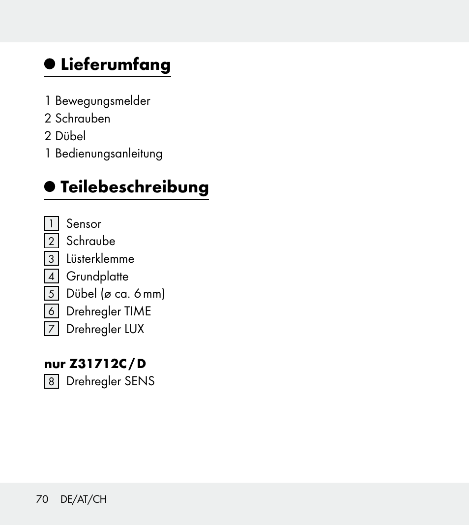 Lieferumfang, Teilebeschreibung | Powerfix Z31712A/Z31712B Z31712C/Z31712D User Manual | Page 70 / 78