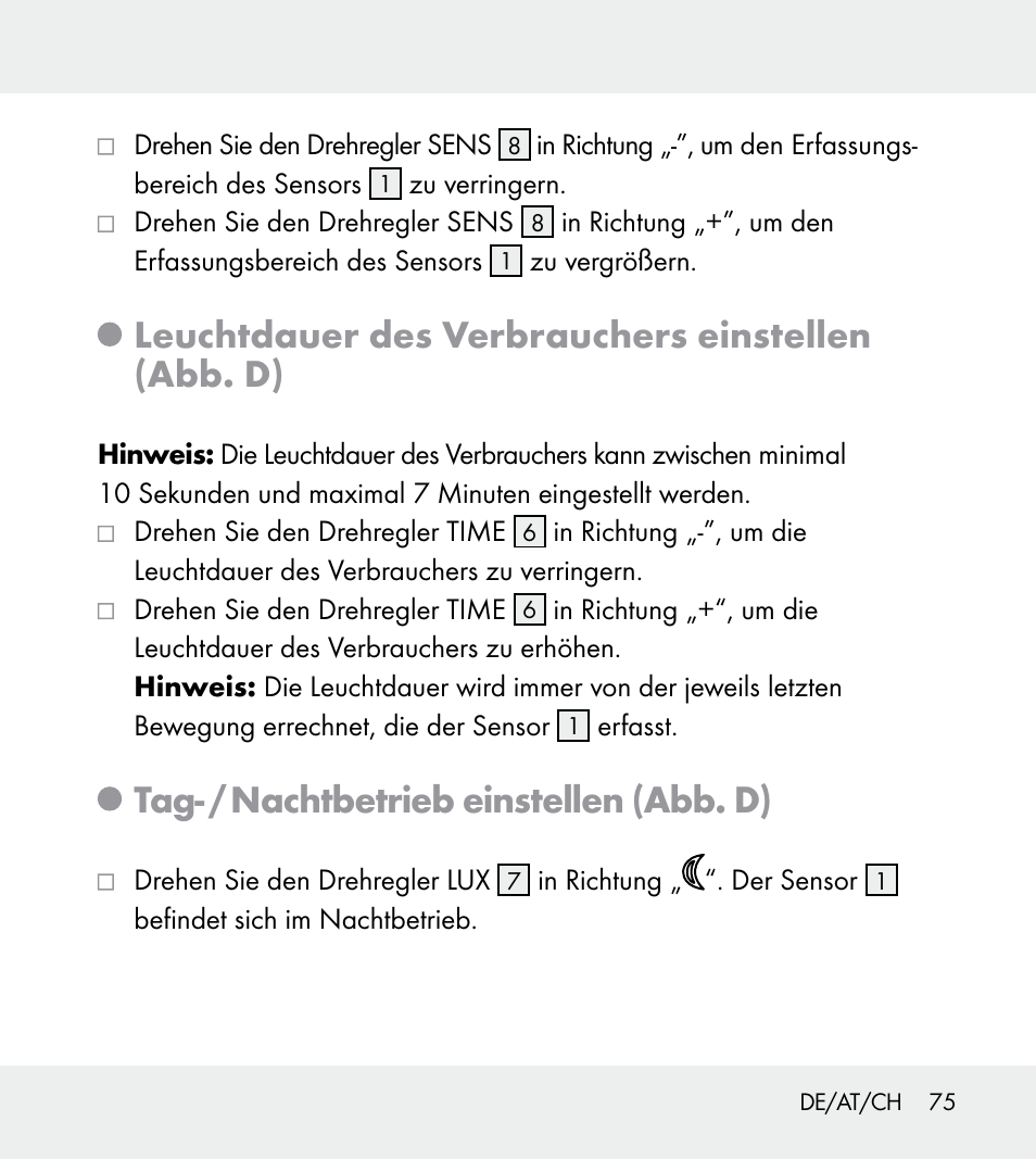 Leuchtdauer des verbrauchers einstellen (abb. d), Tag- / nachtbetrieb einstellen (abb. d) | Powerfix Z31712A/Z31712B Z31712C/Z31712D User Manual | Page 75 / 78