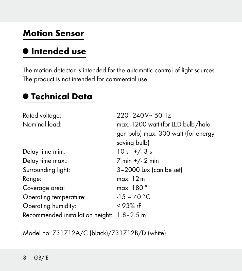 Motion sensor intended use, Technical data | Powerfix Z31712A/Z31712B Z31712C/Z31712D User Manual | Page 8 / 78