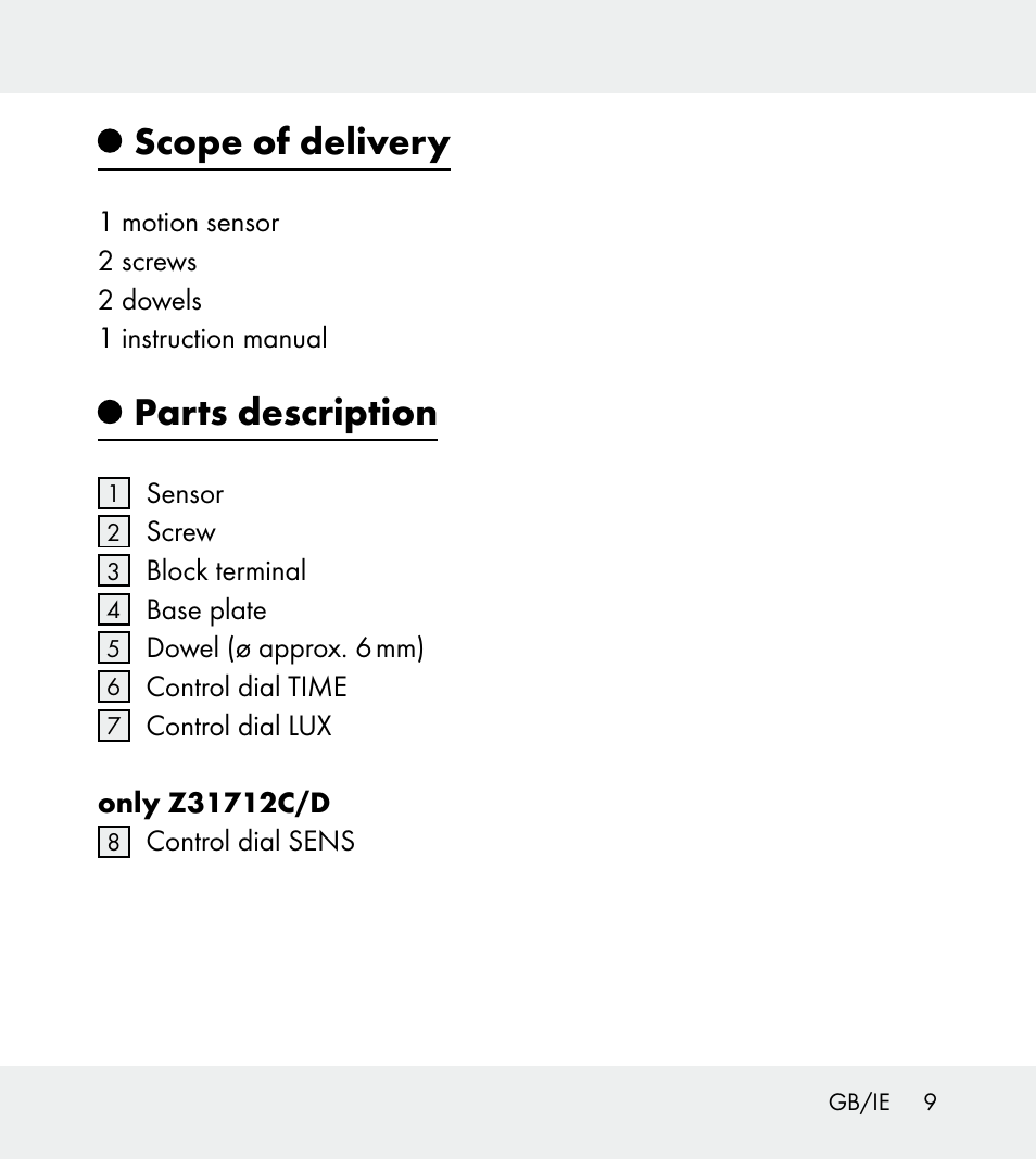 Scope of delivery, Parts description | Powerfix Z31712A/Z31712B Z31712C/Z31712D User Manual | Page 9 / 78