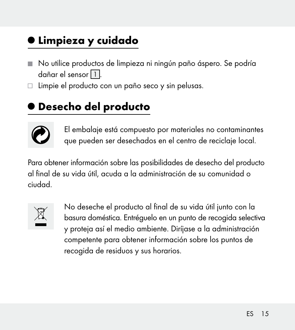 Limpieza y cuidado, Desecho del producto | Powerfix Z31712A/Z31712B Z31712C/Z31712D User Manual | Page 15 / 59