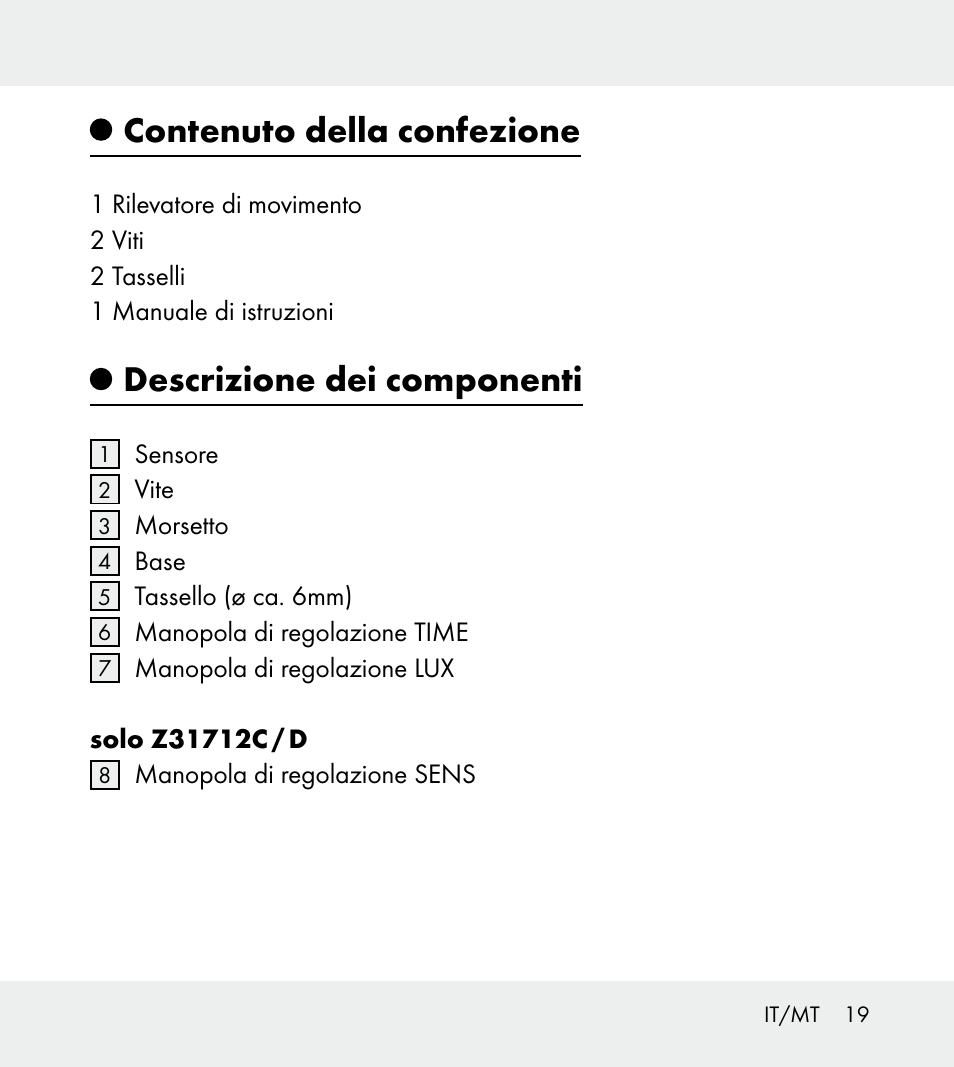 Contenuto della confezione, Descrizione dei componenti | Powerfix Z31712A/Z31712B Z31712C/Z31712D User Manual | Page 19 / 59