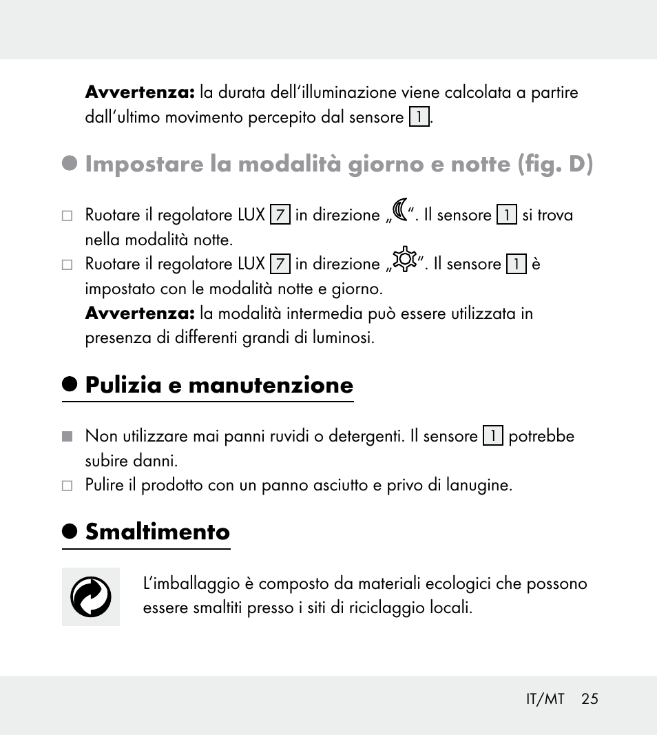 Impostare la modalità giorno e notte (fig. d), Pulizia e manutenzione, Smaltimento | Powerfix Z31712A/Z31712B Z31712C/Z31712D User Manual | Page 25 / 59