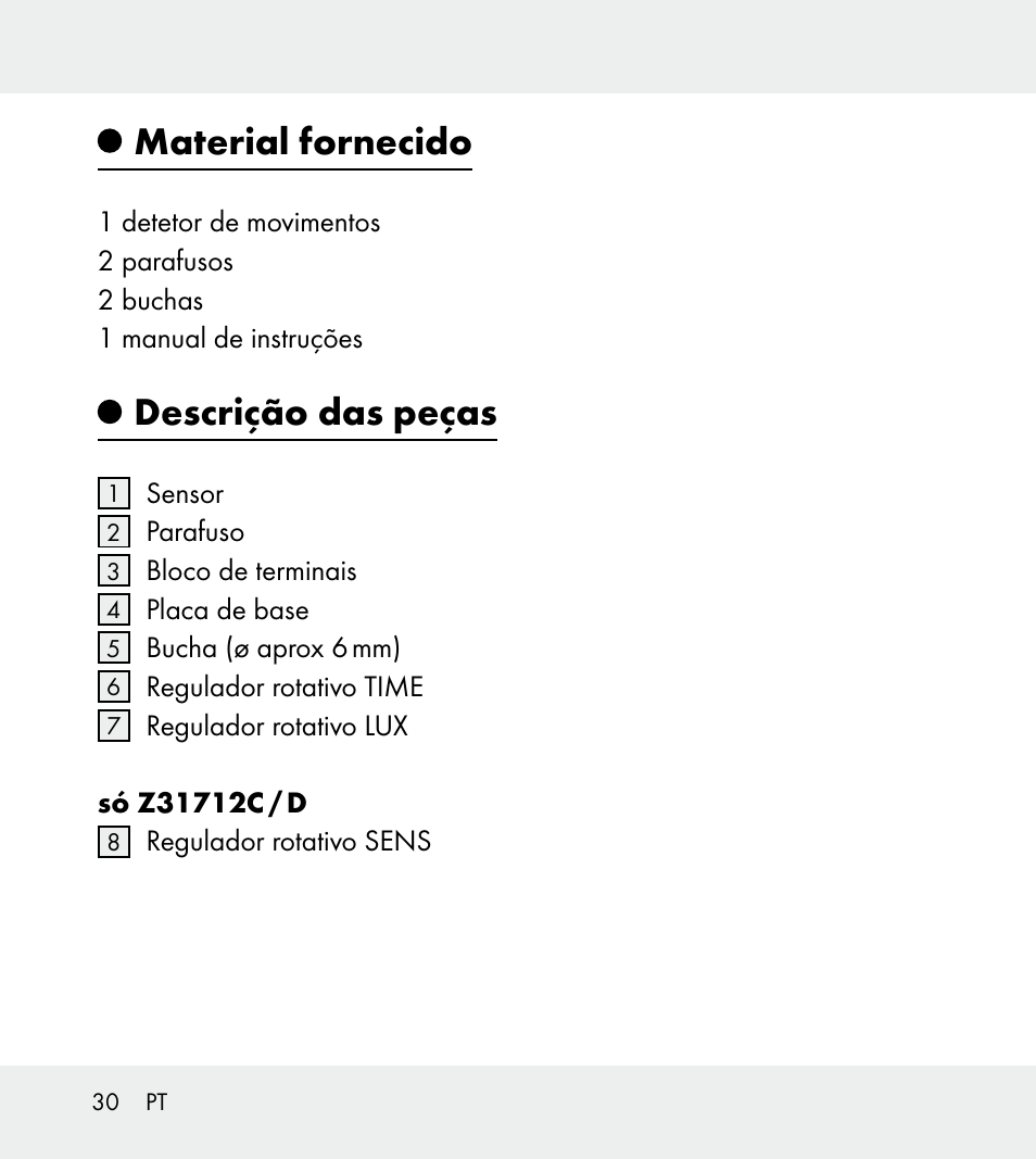 Material fornecido, Descrição das peças | Powerfix Z31712A/Z31712B Z31712C/Z31712D User Manual | Page 30 / 59