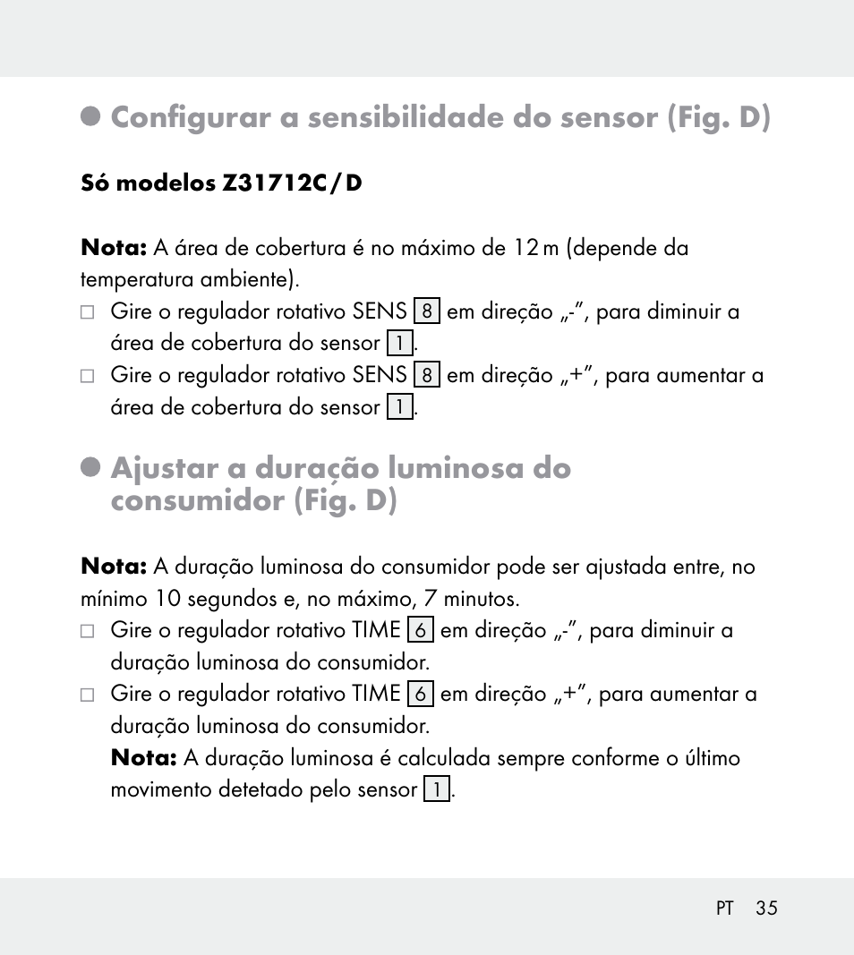 Configurar a sensibilidade do sensor (fig. d), Ajustar a duração luminosa do consumidor (fig. d) | Powerfix Z31712A/Z31712B Z31712C/Z31712D User Manual | Page 35 / 59
