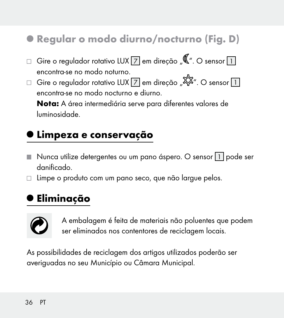 Regular o modo diurno/nocturno (fig. d), Limpeza e conservação, Eliminação | Powerfix Z31712A/Z31712B Z31712C/Z31712D User Manual | Page 36 / 59