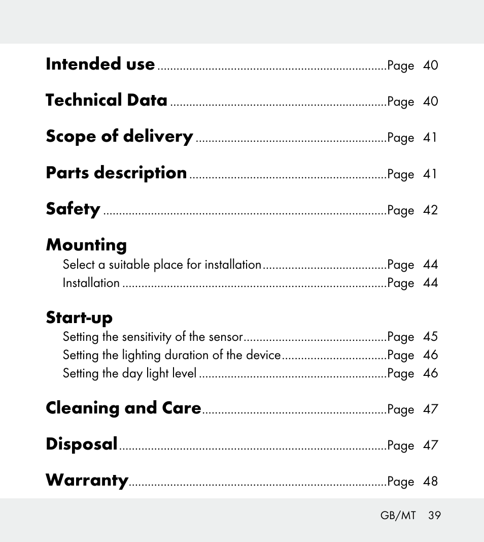 Intended use, Technical data, Scope of delivery | Parts description, Safety, Mounting, Start-up, Cleaning and care, Disposal, Warranty | Powerfix Z31712A/Z31712B Z31712C/Z31712D User Manual | Page 39 / 59