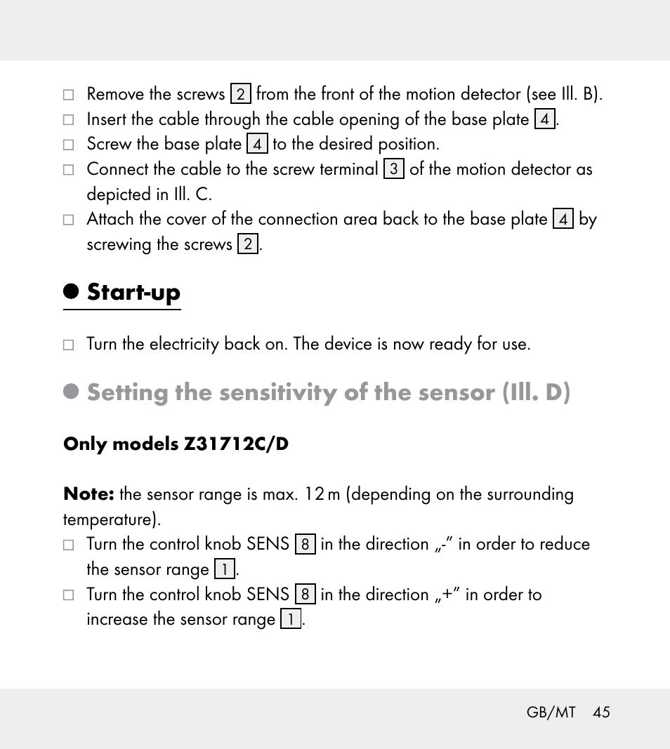 Start-up, Setting the sensitivity of the sensor (ill. d) | Powerfix Z31712A/Z31712B Z31712C/Z31712D User Manual | Page 45 / 59