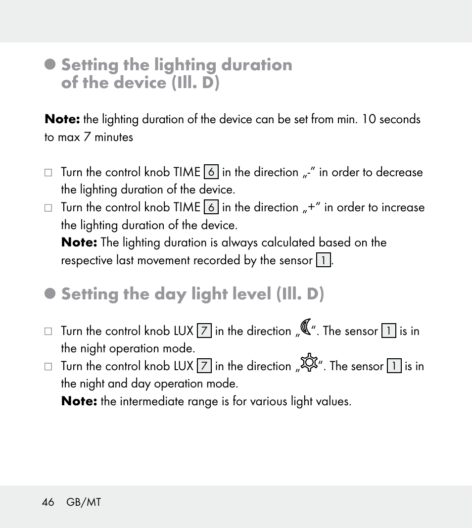 Setting the day light level (ill. d) | Powerfix Z31712A/Z31712B Z31712C/Z31712D User Manual | Page 46 / 59