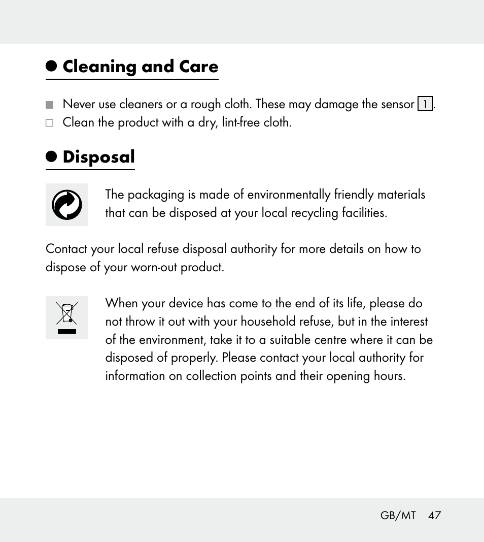 Cleaning and care, Disposal | Powerfix Z31712A/Z31712B Z31712C/Z31712D User Manual | Page 47 / 59