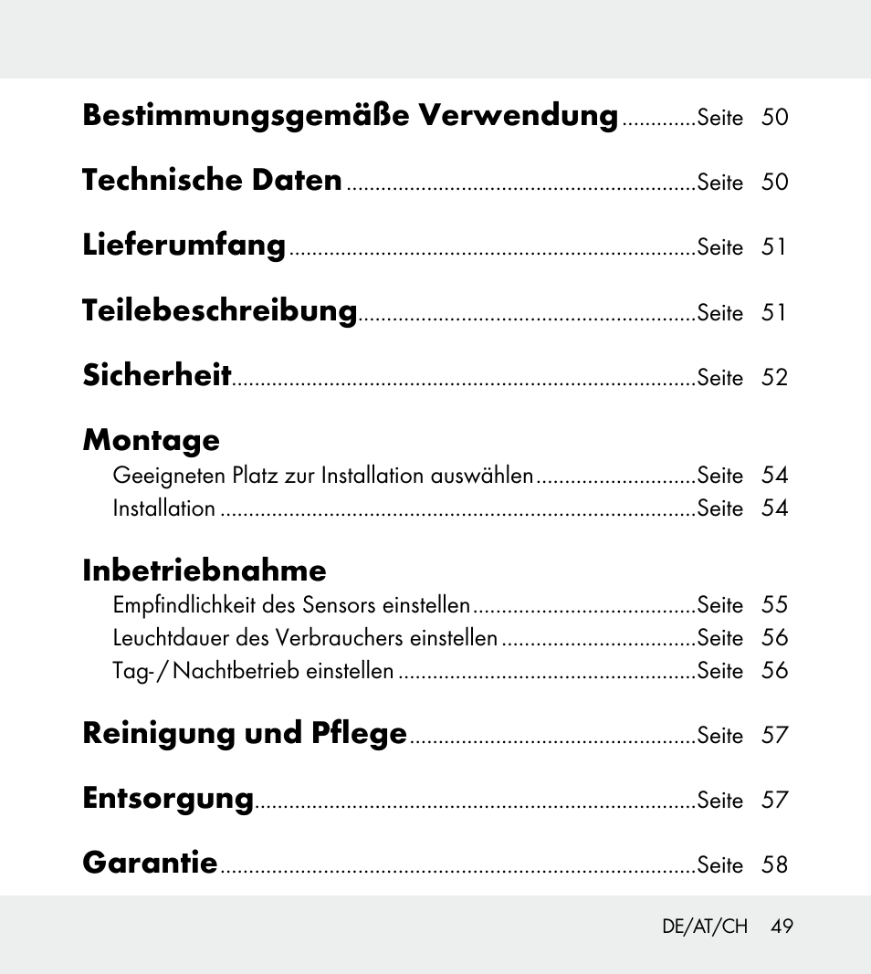 Bestimmungsgemäße verwendung, Technische daten, Lieferumfang | Teilebeschreibung, Sicherheit, Montage, Inbetriebnahme, Reinigung und pflege, Entsorgung, Garantie | Powerfix Z31712A/Z31712B Z31712C/Z31712D User Manual | Page 49 / 59