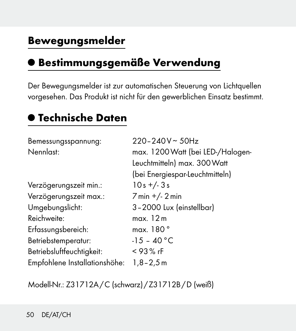 Bewegungsmelder bestimmungsgemäße verwendung, Technische daten | Powerfix Z31712A/Z31712B Z31712C/Z31712D User Manual | Page 50 / 59