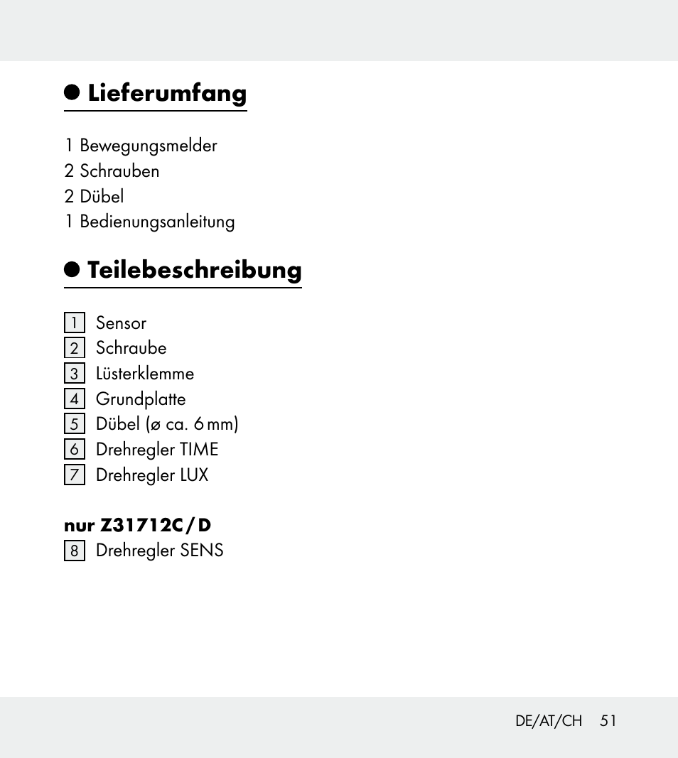 Lieferumfang, Teilebeschreibung | Powerfix Z31712A/Z31712B Z31712C/Z31712D User Manual | Page 51 / 59