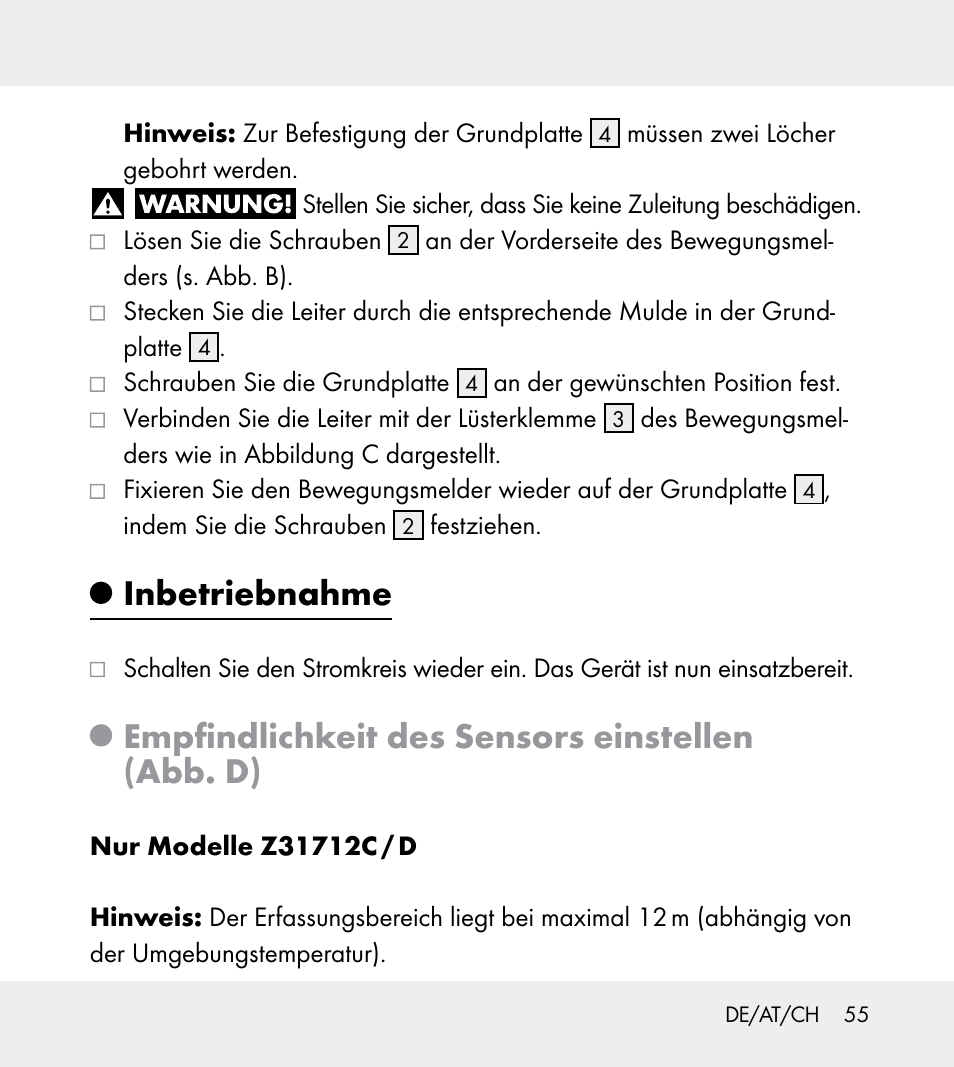 Inbetriebnahme, Empfindlichkeit des sensors einstellen (abb. d) | Powerfix Z31712A/Z31712B Z31712C/Z31712D User Manual | Page 55 / 59
