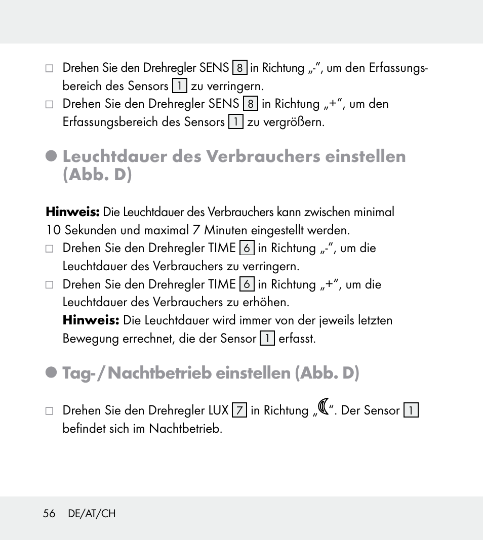 Leuchtdauer des verbrauchers einstellen (abb. d), Tag- / nachtbetrieb einstellen (abb. d) | Powerfix Z31712A/Z31712B Z31712C/Z31712D User Manual | Page 56 / 59