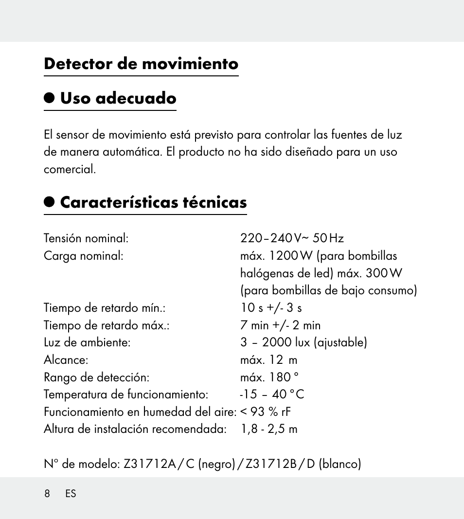 Detector de movimiento uso adecuado, Características técnicas | Powerfix Z31712A/Z31712B Z31712C/Z31712D User Manual | Page 8 / 59