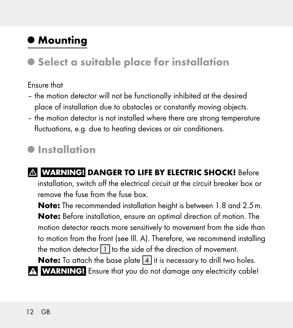 Mounting select a suitable place for installation, Installation | Powerfix Z31712A/Z31712B Z31712C/Z31712D User Manual | Page 12 / 68