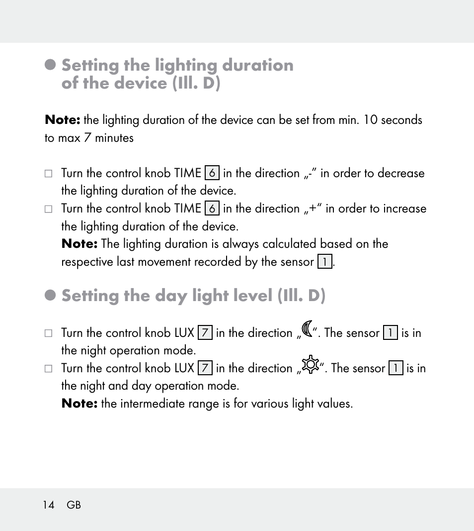 Setting the day light level (ill. d) | Powerfix Z31712A/Z31712B Z31712C/Z31712D User Manual | Page 14 / 68